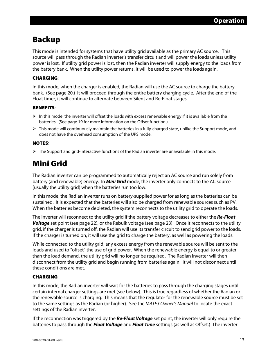 Backup, Mini grid, Operation | Outback Power Systems GS8048 Operator Manual User Manual | Page 15 / 60