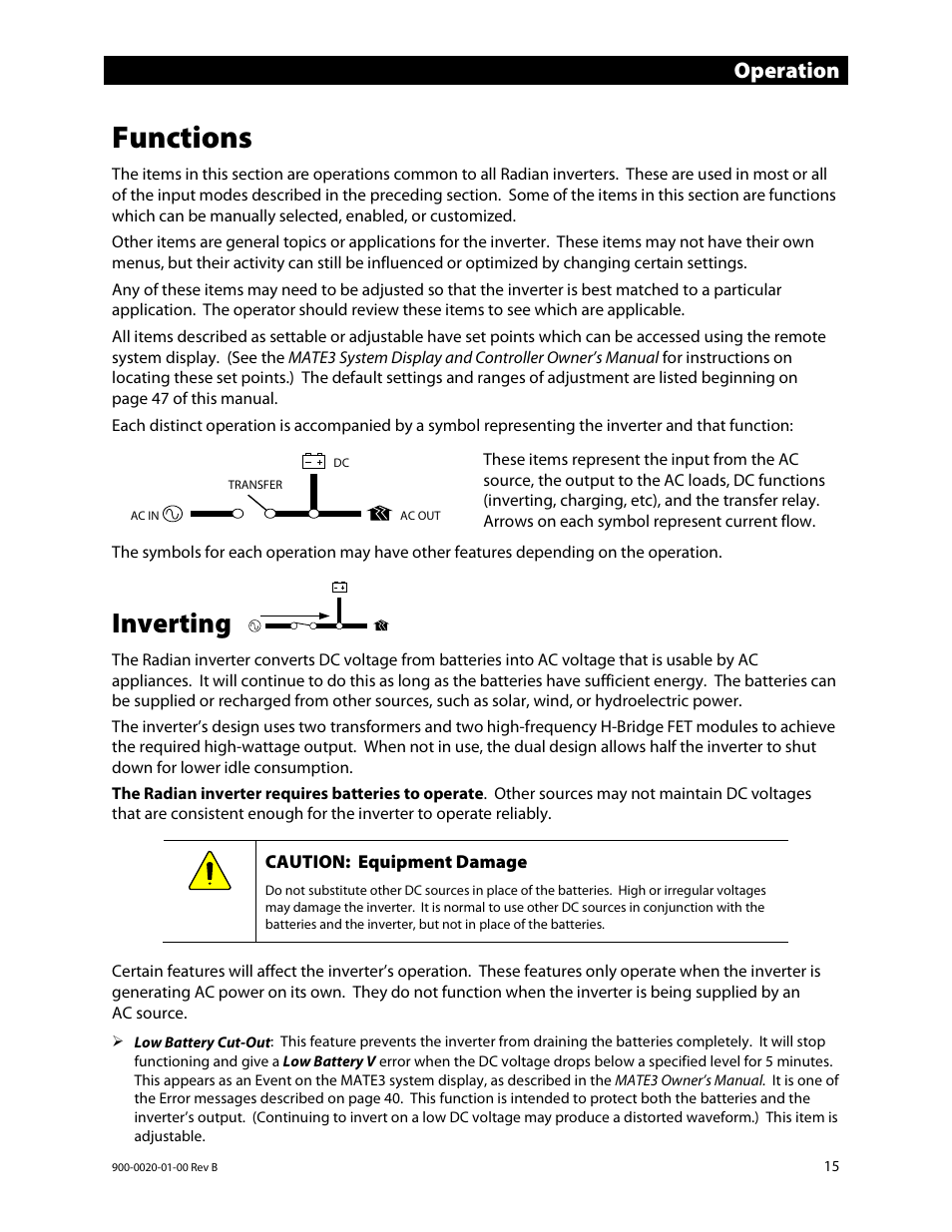 Functions, Inverting, S 15 | Operation | Outback Power Systems GS8048 Operator Manual User Manual | Page 17 / 60