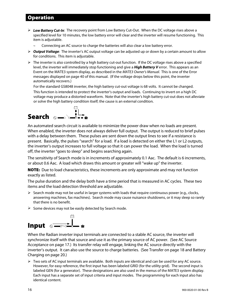 Search, Input, E 16 | E 16.), Operation | Outback Power Systems GS8048 Operator Manual User Manual | Page 18 / 60