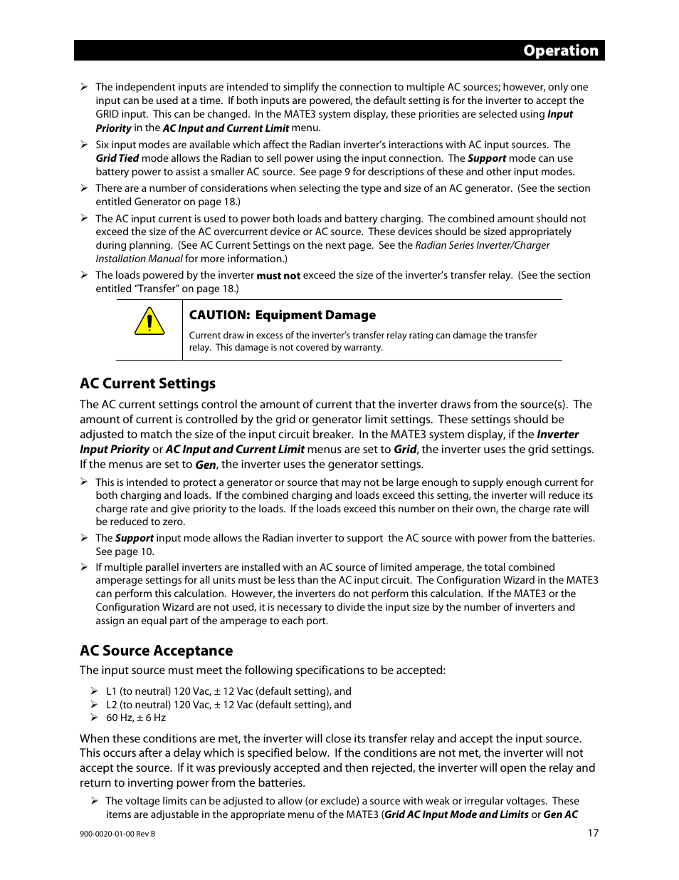 Ac source acceptance, E 17. t, E 17 | Operation, Ac current settings | Outback Power Systems GS8048 Operator Manual User Manual | Page 19 / 60