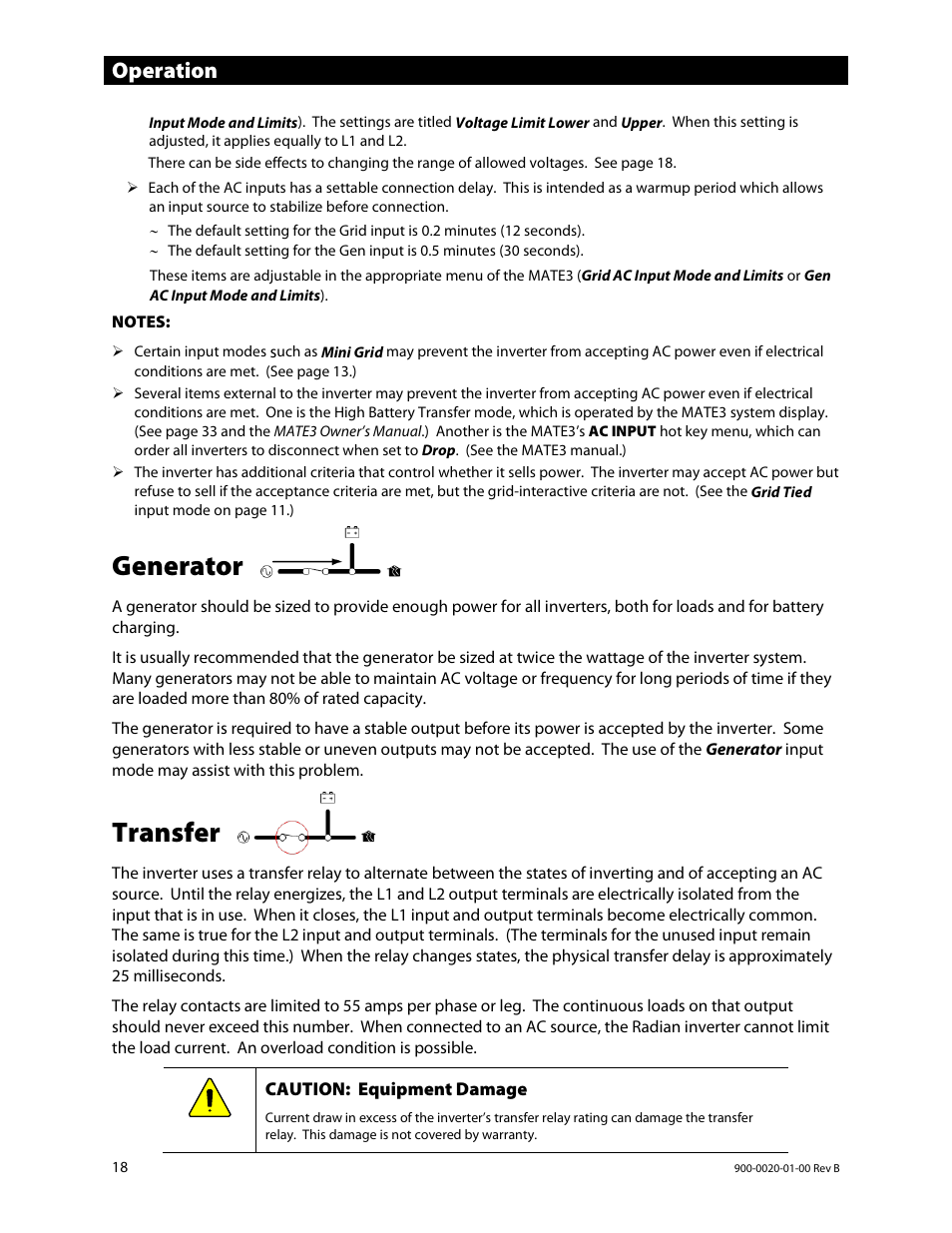 Generator, Transfer, E 18 | 18 a, E 18.), Operation | Outback Power Systems GS8048 Operator Manual User Manual | Page 20 / 60