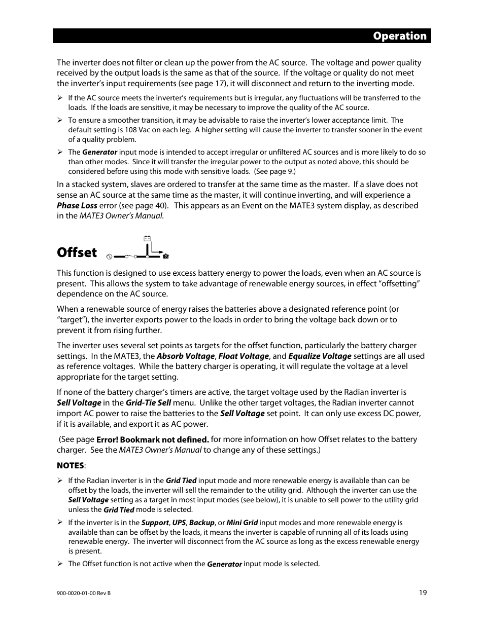 Offset, E 19, Ge 19 | Operation | Outback Power Systems GS8048 Operator Manual User Manual | Page 21 / 60