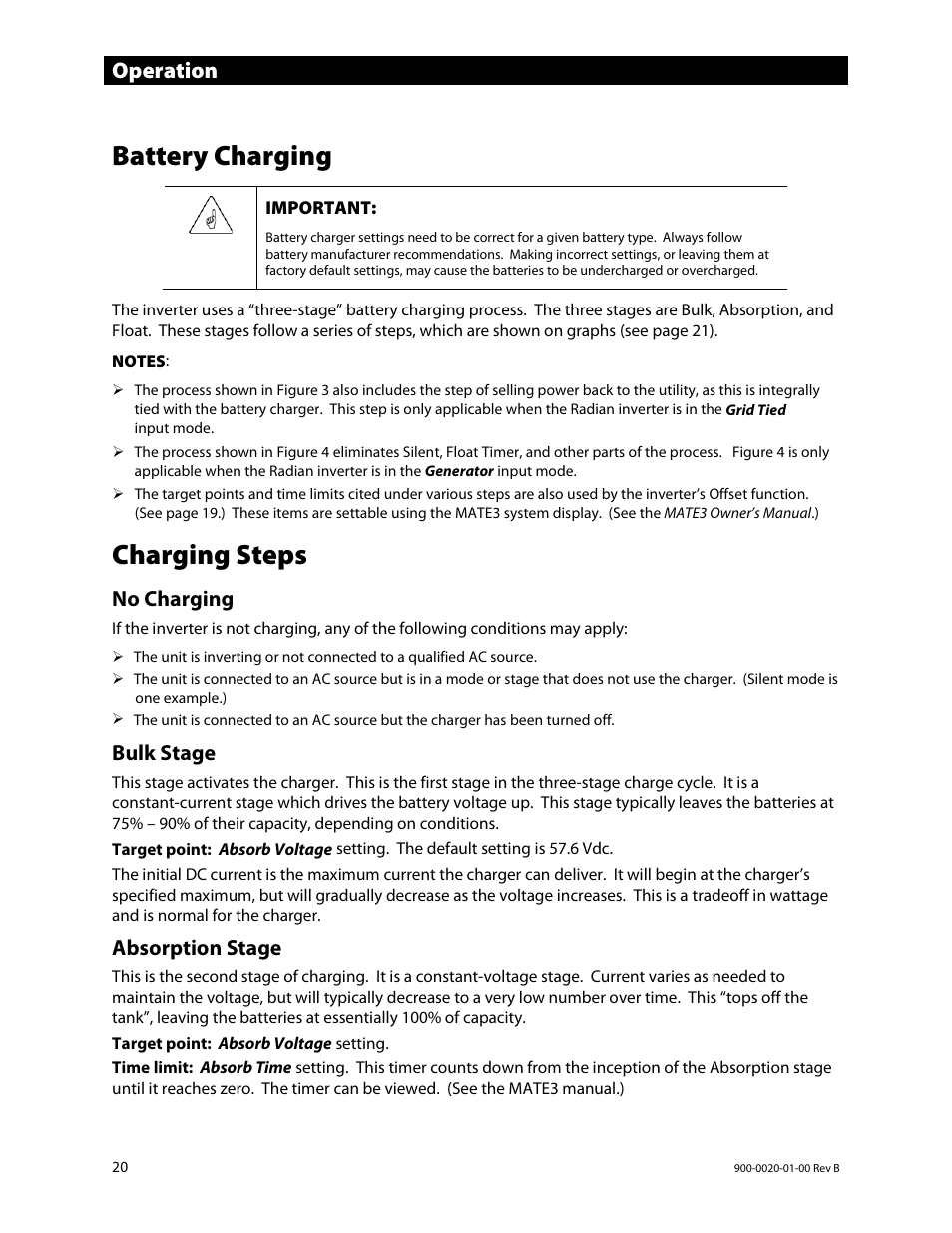 Battery charging, Charging steps, Absorption stage | E 20.), Operation, No charging, Bulk stage | Outback Power Systems GS8048 Operator Manual User Manual | Page 22 / 60