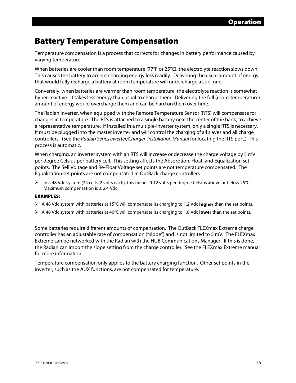 Battery temperature compensation, Operation | Outback Power Systems GS8048 Operator Manual User Manual | Page 27 / 60