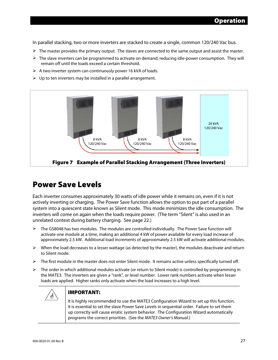 Power save levels, E 27, Operation | Outback Power Systems GS8048 Operator Manual User Manual | Page 29 / 60