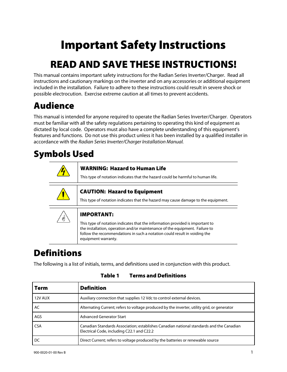 Important safety instructions, Audience, Symbols used | Definitions, Read and save these instructions | Outback Power Systems GS8048 Operator Manual User Manual | Page 3 / 60