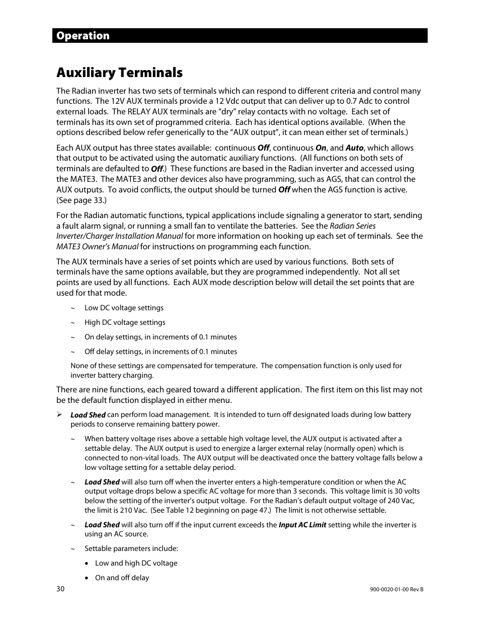 Auxiliary terminals, Operation | Outback Power Systems GS8048 Operator Manual User Manual | Page 32 / 60