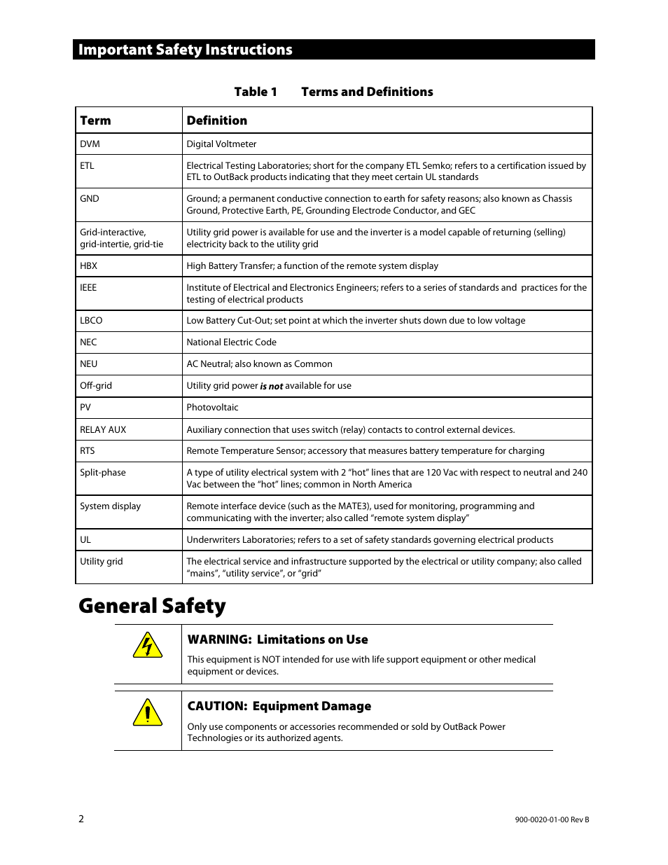 General safety, Important safety instructions | Outback Power Systems GS8048 Operator Manual User Manual | Page 4 / 60