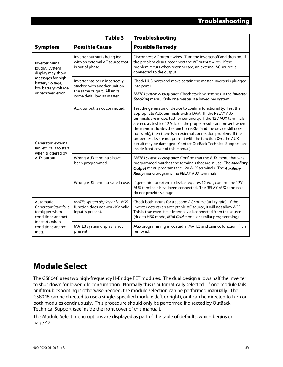 Module select, Troubleshooting | Outback Power Systems GS8048 Operator Manual User Manual | Page 41 / 60