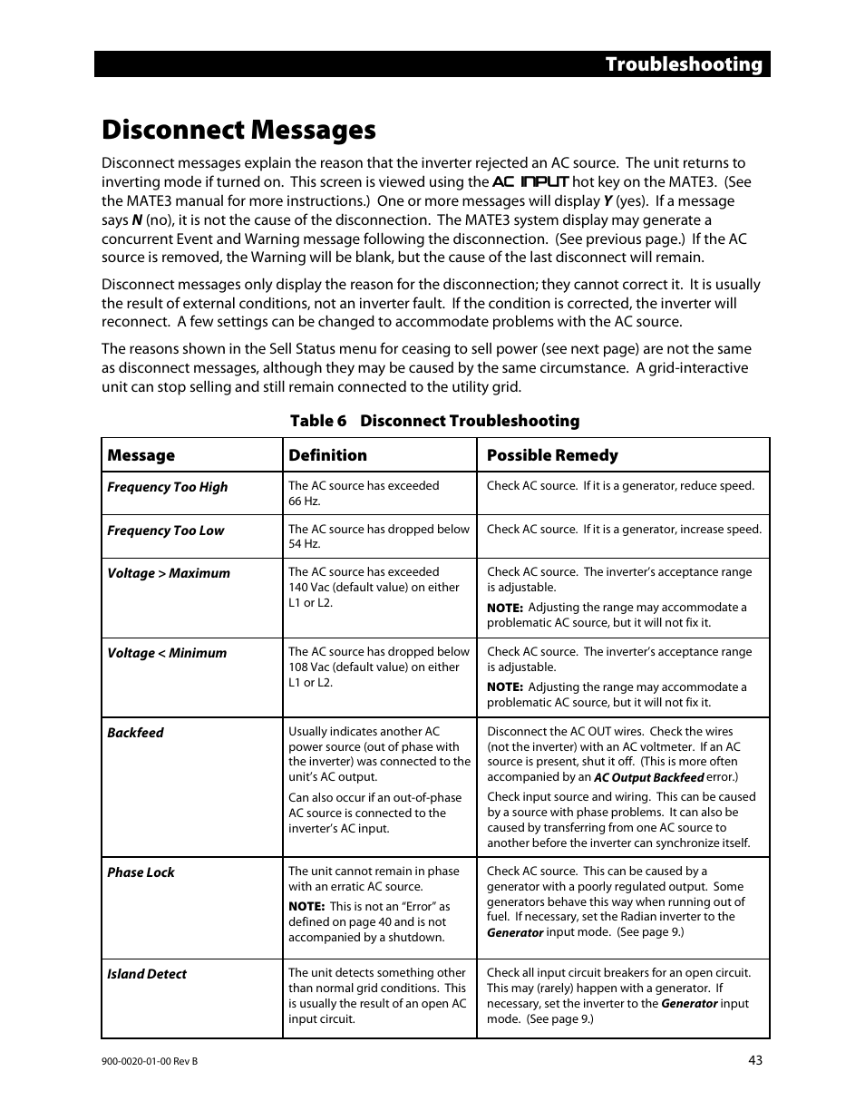 Disconnect messages, Troubleshooting | Outback Power Systems GS8048 Operator Manual User Manual | Page 45 / 60