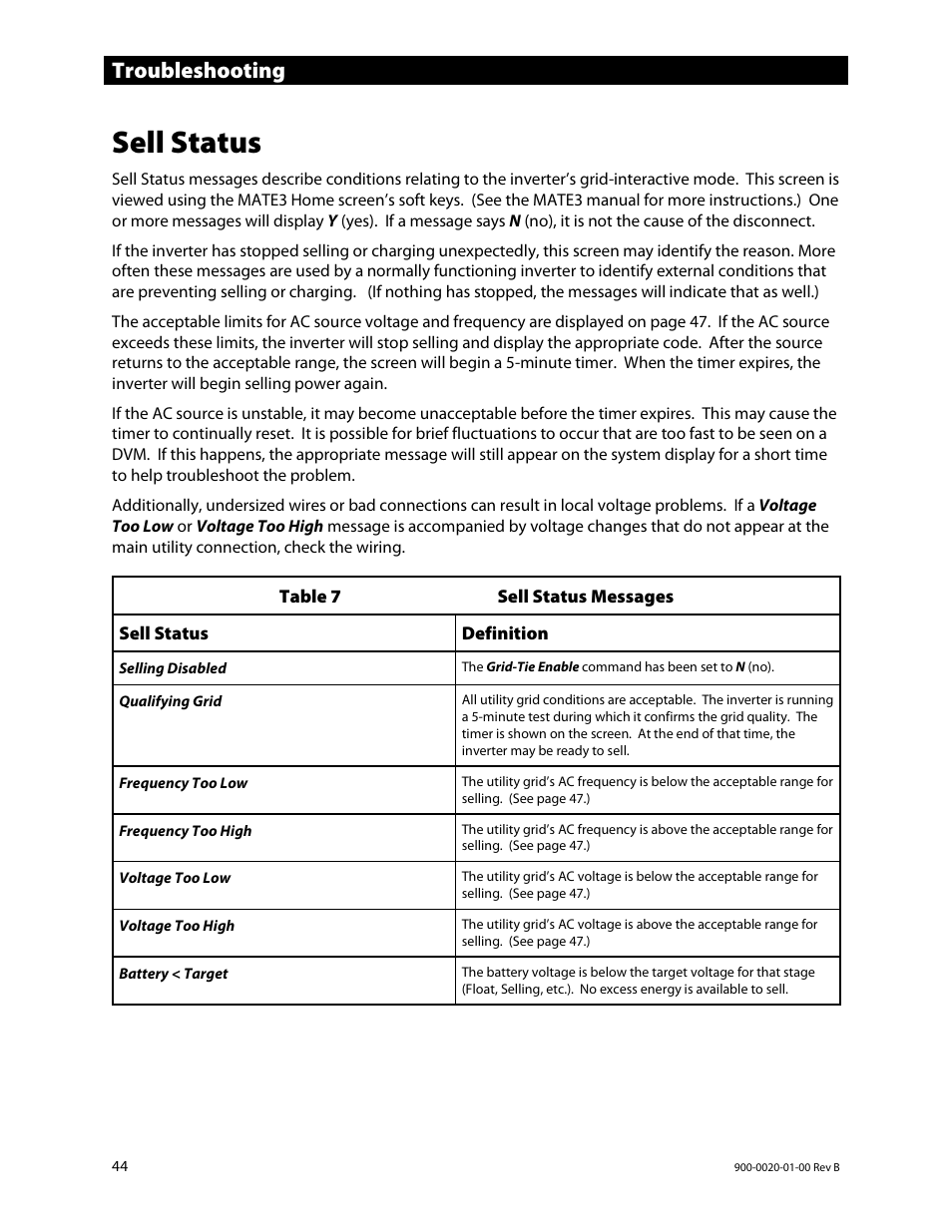 Sell status, E 44, Troubleshooting | Outback Power Systems GS8048 Operator Manual User Manual | Page 46 / 60