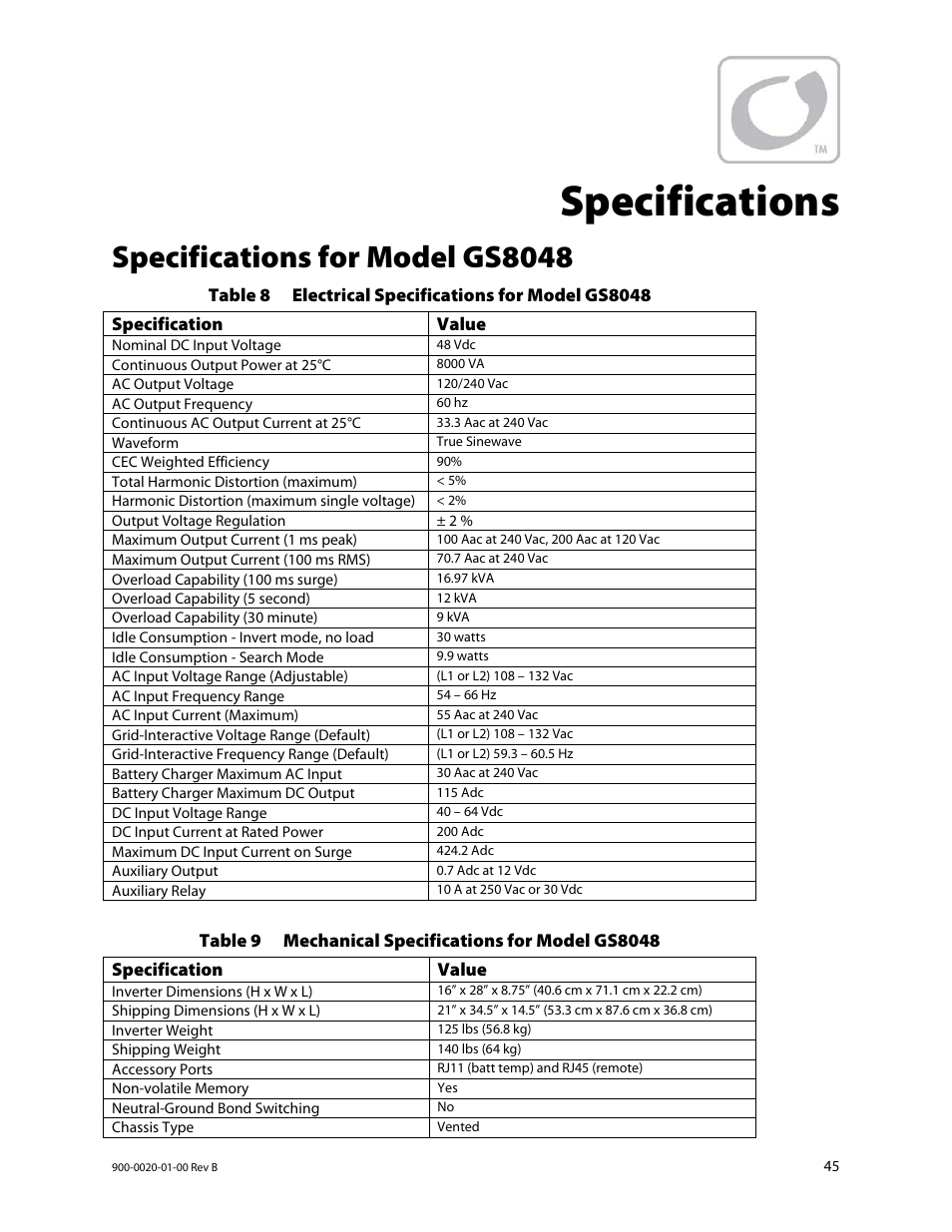 Specifications, Specifications for model gs8048 | Outback Power Systems GS8048 Operator Manual User Manual | Page 47 / 60