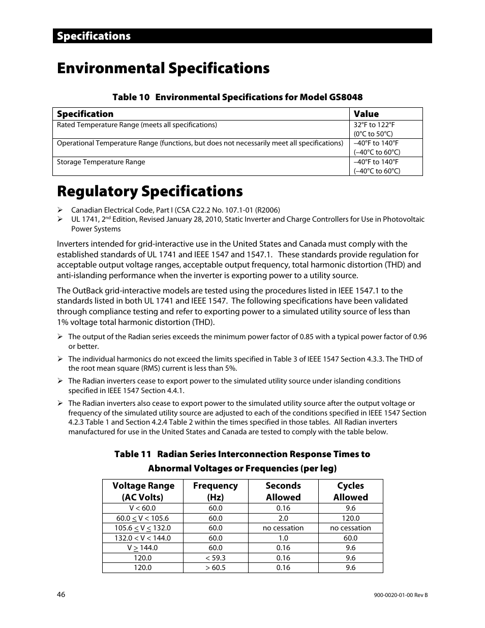 Environmental specifications, Regulatory specifications, E 46. t | Specifications | Outback Power Systems GS8048 Operator Manual User Manual | Page 48 / 60