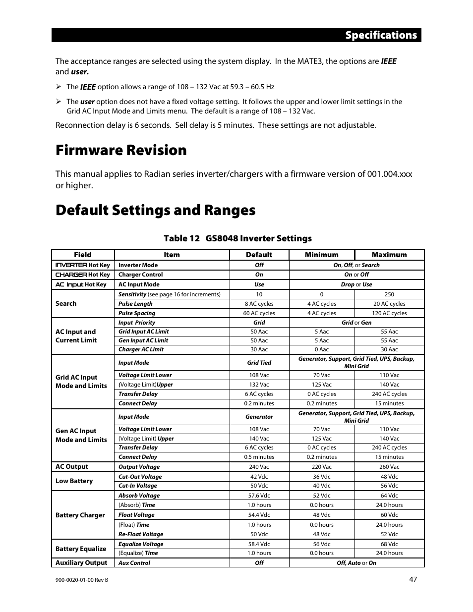 Firmware revision, Default settings and ranges, Ee table 12 b | E 47.), E 47), Specifications, Ieee | Outback Power Systems GS8048 Operator Manual User Manual | Page 49 / 60