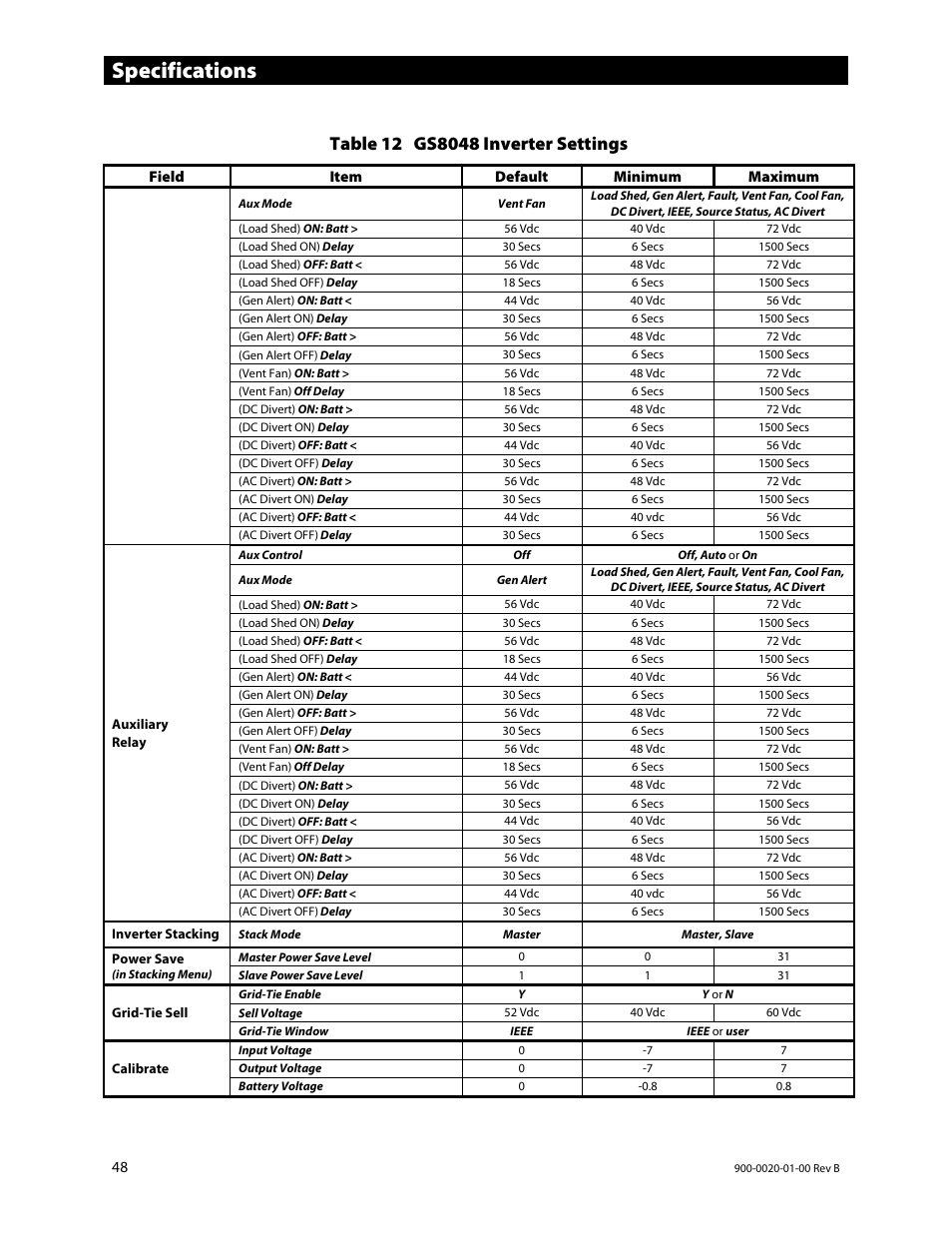 Specifications | Outback Power Systems GS8048 Operator Manual User Manual | Page 50 / 60