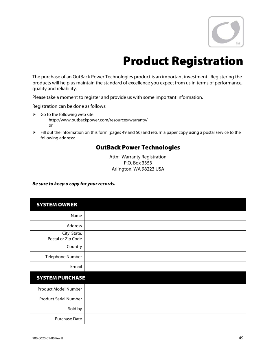 Product registration, Outback power technologies | Outback Power Systems GS8048 Operator Manual User Manual | Page 51 / 60