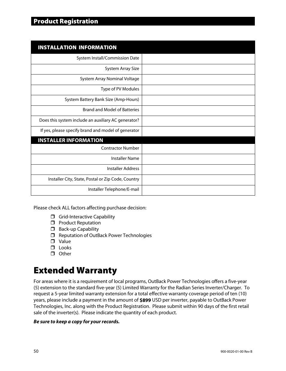 Extended warranty, Product registration | Outback Power Systems GS8048 Operator Manual User Manual | Page 52 / 60