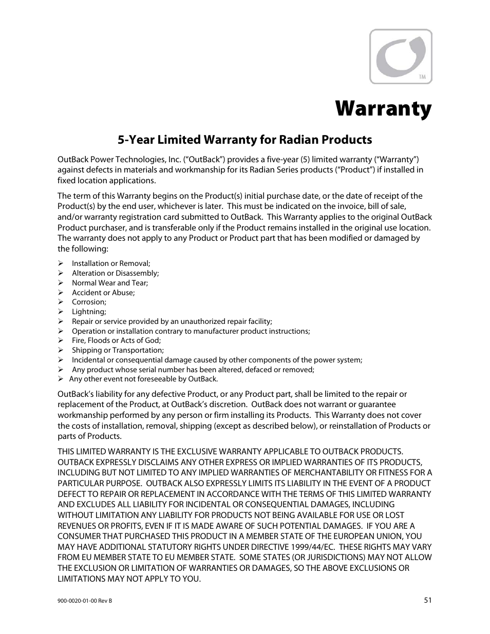 Warranty, Year limited warranty for radian products | Outback Power Systems GS8048 Operator Manual User Manual | Page 53 / 60