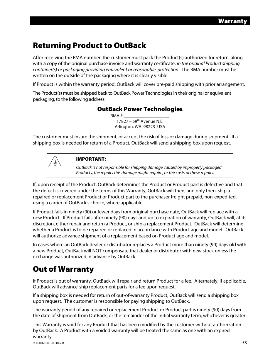 Returning product to outback, Out of warranty, Warranty | Outback power technologies | Outback Power Systems GS8048 Operator Manual User Manual | Page 55 / 60