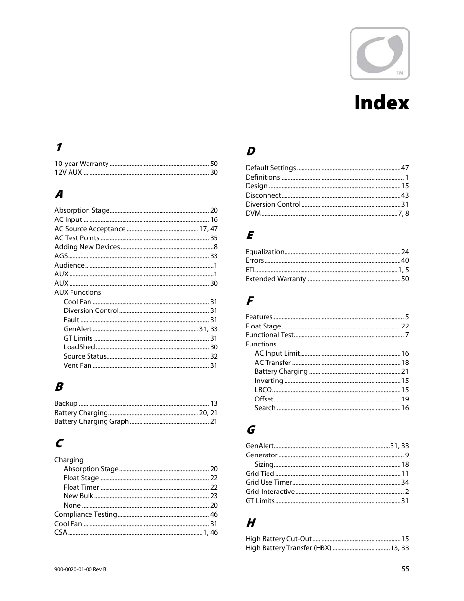 Index | Outback Power Systems GS8048 Operator Manual User Manual | Page 57 / 60