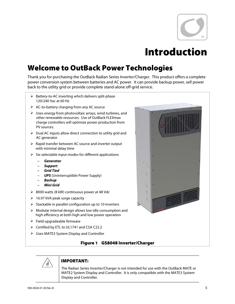 Introduction, Welcome to outback power technologies | Outback Power Systems GS8048 Operator Manual User Manual | Page 7 / 60