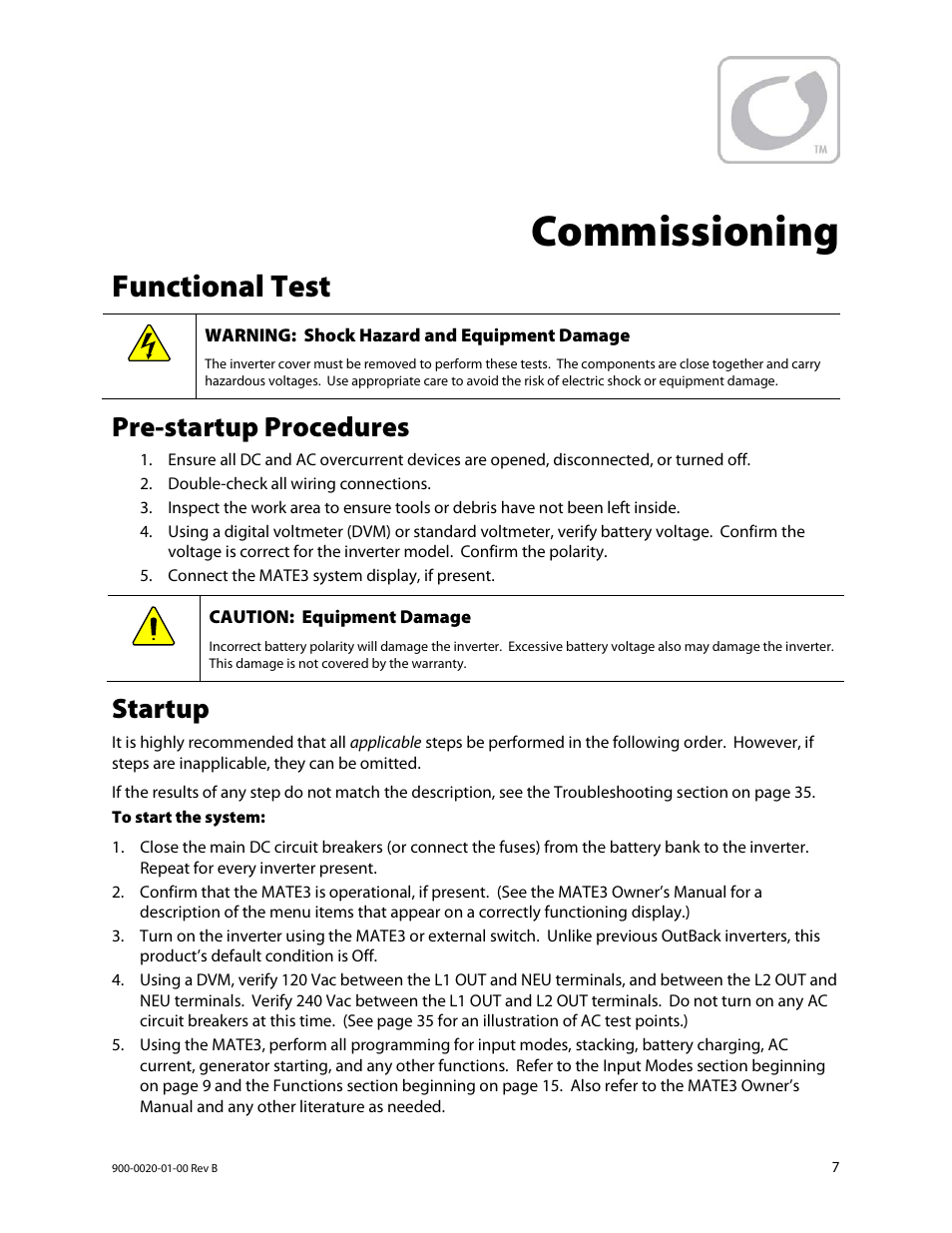 Commissioning, Functional test, Pre-startup procedures | Startup | Outback Power Systems GS8048 Operator Manual User Manual | Page 9 / 60