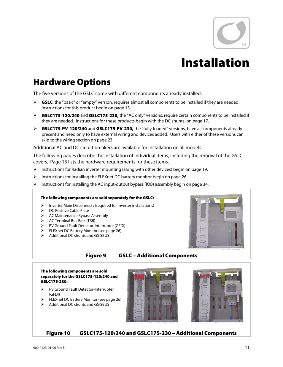 Installation, Hardware options | Outback Power Systems GS Load Center Installation Manual User Manual | Page 13 / 48