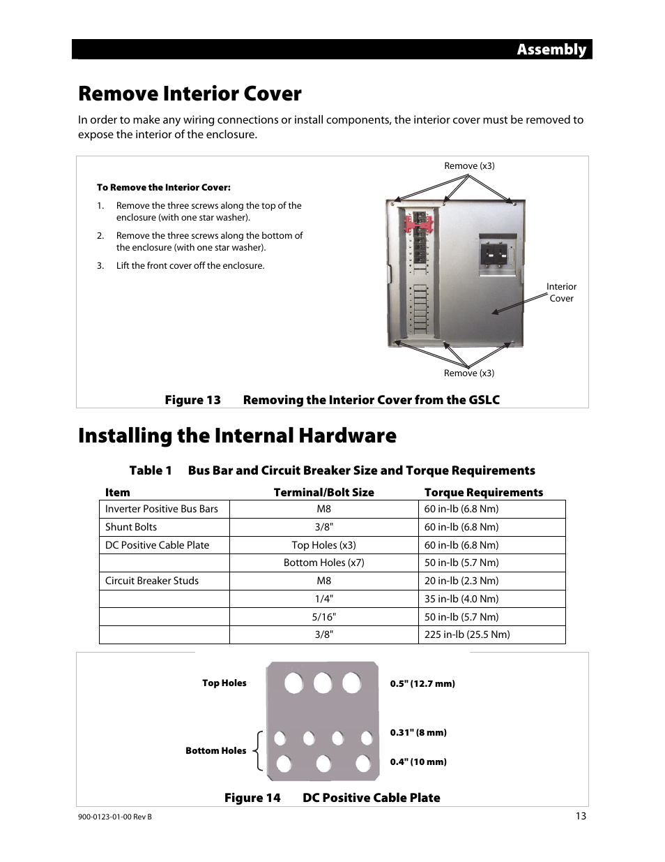 Remove interior cover, Installing the internal hardware, Assembly | Outback Power Systems GS Load Center Installation Manual User Manual | Page 15 / 48