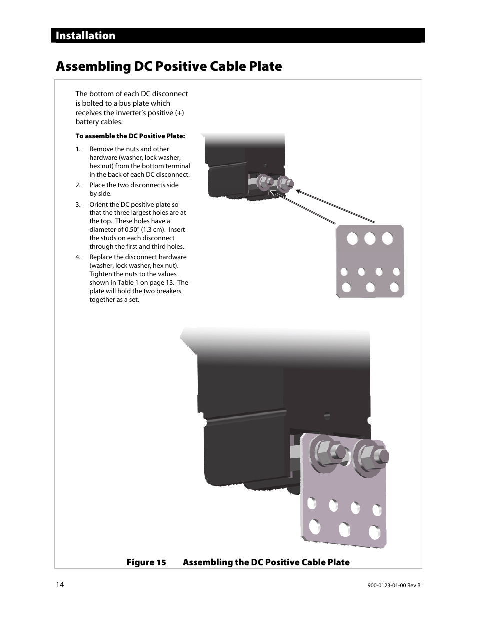 Assembling dc positive cable plate, Installation | Outback Power Systems GS Load Center Installation Manual User Manual | Page 16 / 48