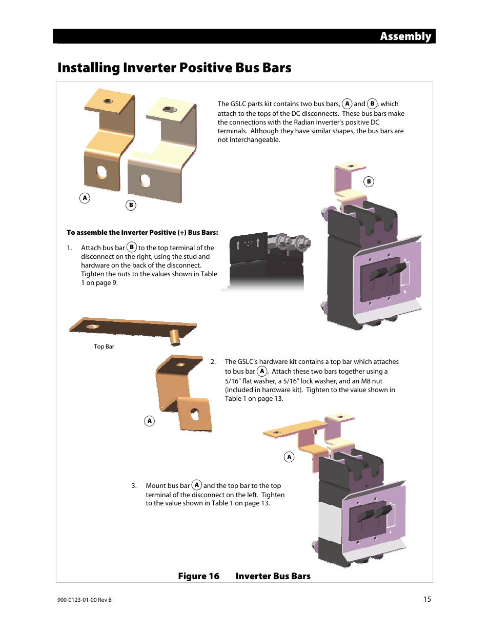 Installing inverter positive bus bars, Assembly | Outback Power Systems GS Load Center Installation Manual User Manual | Page 17 / 48