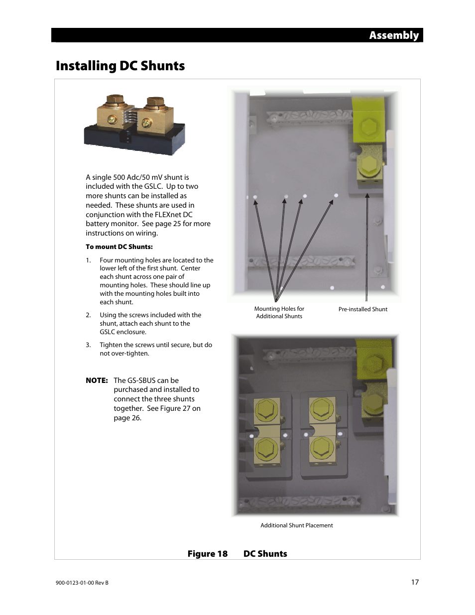 Installing dc shunts, Assembly | Outback Power Systems GS Load Center Installation Manual User Manual | Page 19 / 48