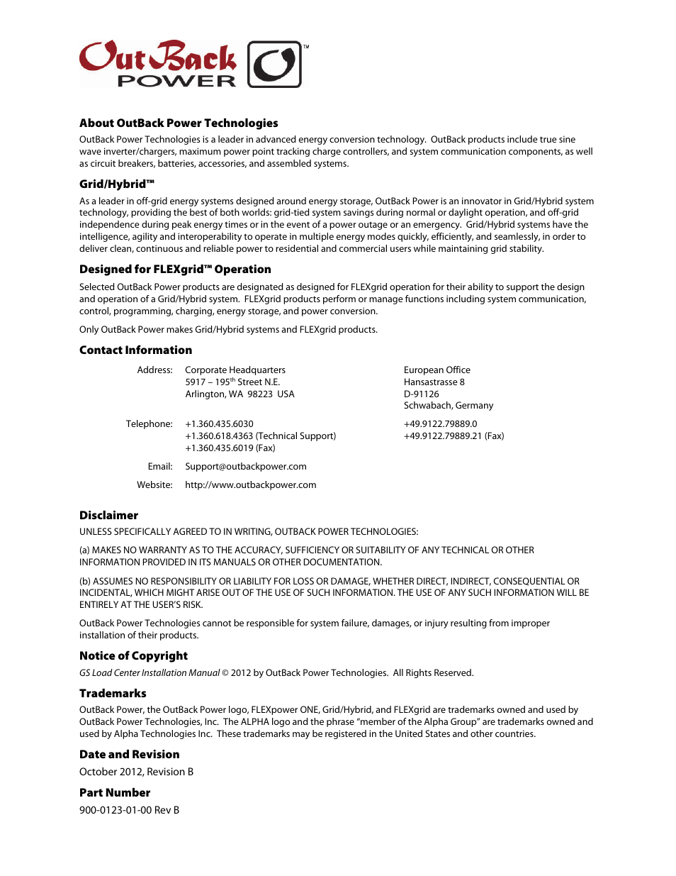 Outback Power Systems GS Load Center Installation Manual User Manual | Page 2 / 48