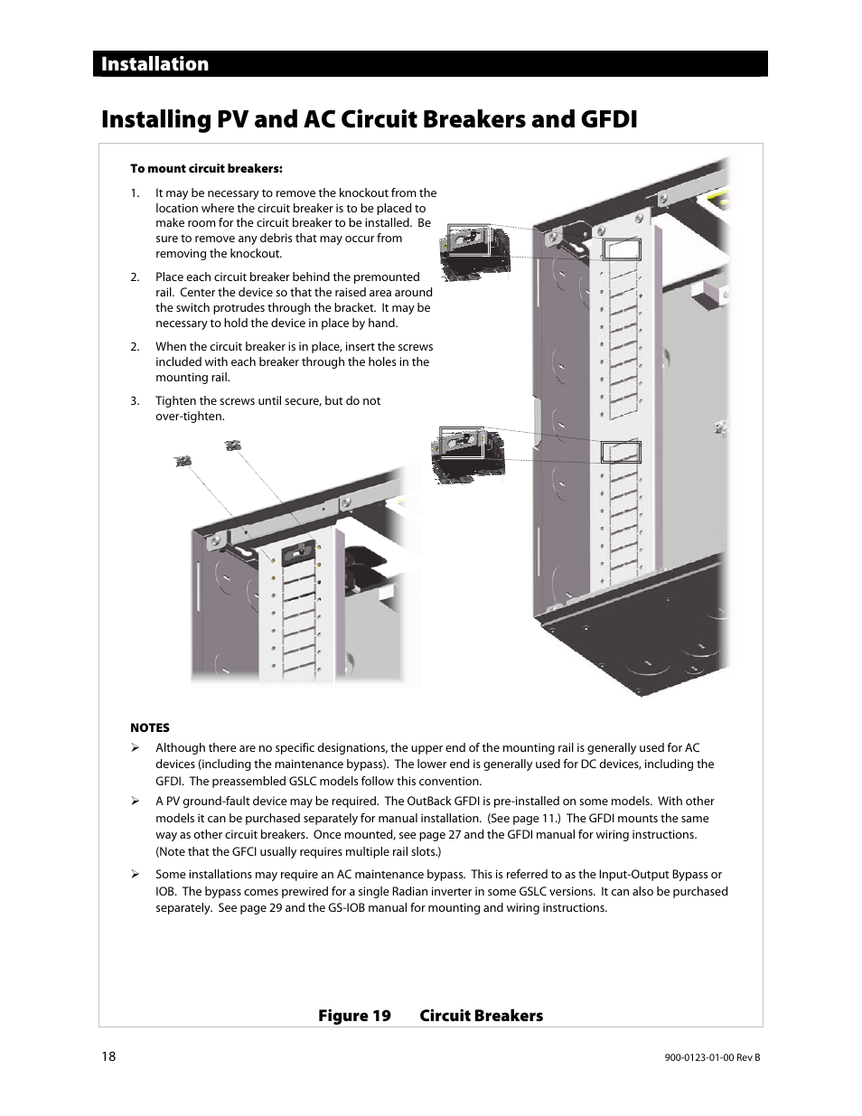 Installing pv and ac circuit breakers and gfdi, Installation | Outback Power Systems GS Load Center Installation Manual User Manual | Page 20 / 48