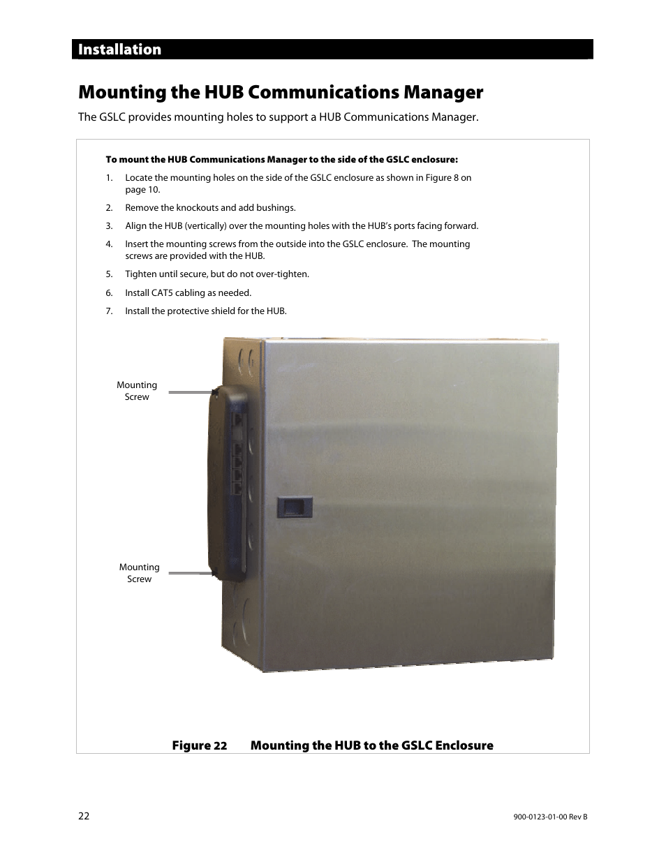 Mounting the hub communications manager, Installation | Outback Power Systems GS Load Center Installation Manual User Manual | Page 24 / 48