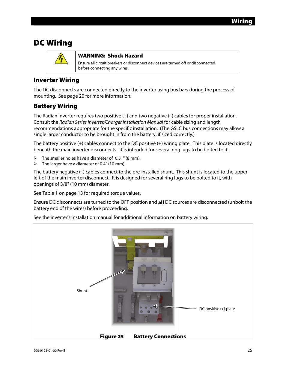 Dc wiring, Wiring, Inverter wiring | Battery wiring | Outback Power Systems GS Load Center Installation Manual User Manual | Page 27 / 48