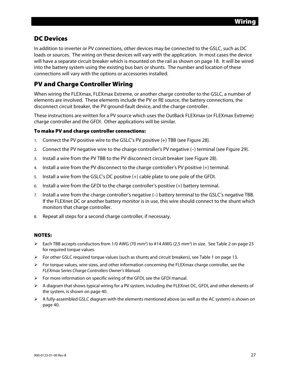 Wiring, Dc devices, Pv and charge controller wiring | Outback Power Systems GS Load Center Installation Manual User Manual | Page 29 / 48