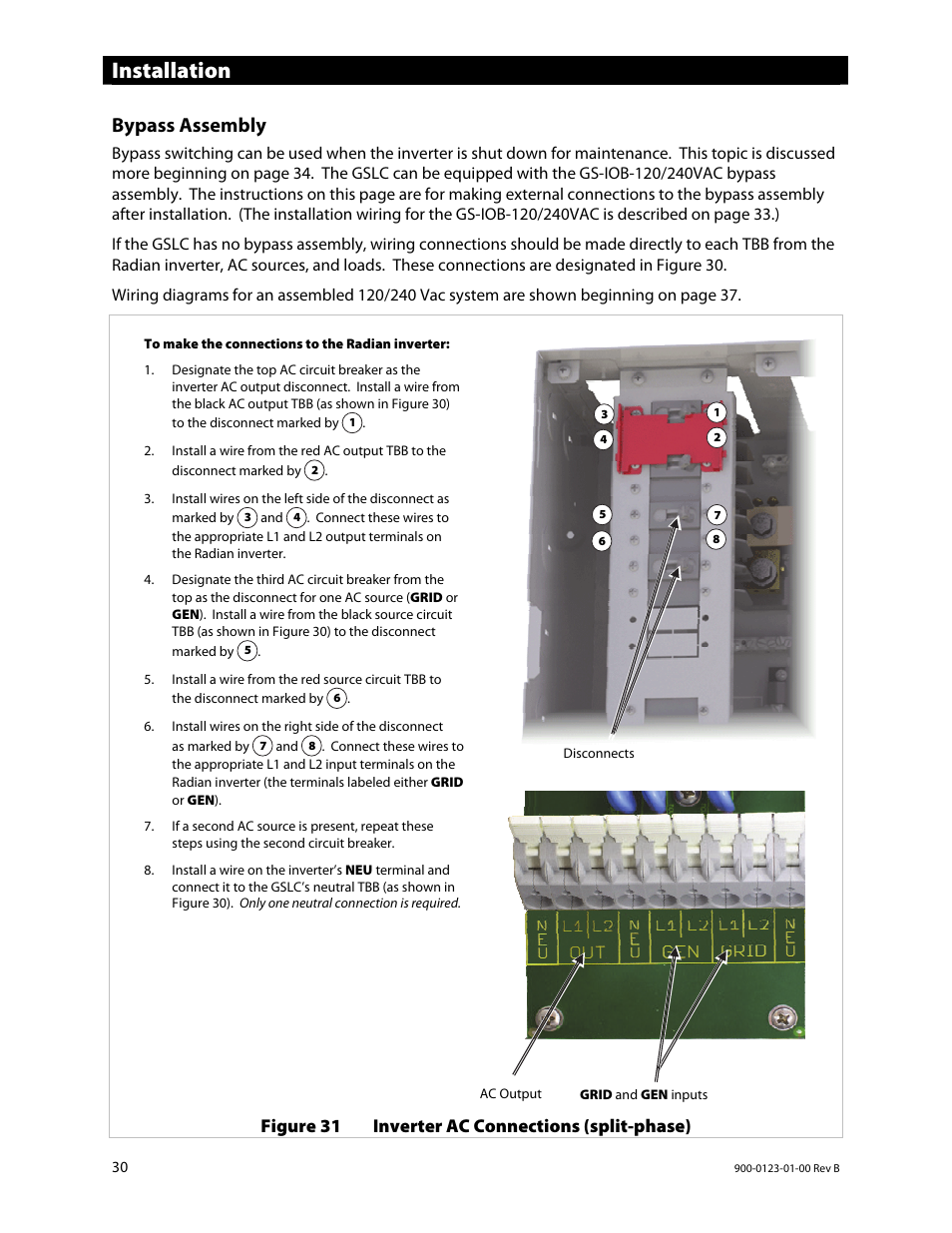 Installation, Bypass assembly | Outback Power Systems GS Load Center Installation Manual User Manual | Page 32 / 48