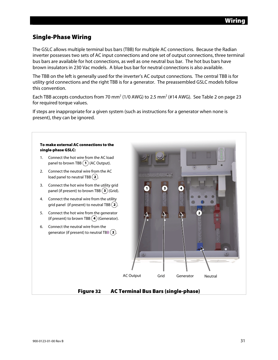 Wiring, Single-phase wiring | Outback Power Systems GS Load Center Installation Manual User Manual | Page 33 / 48