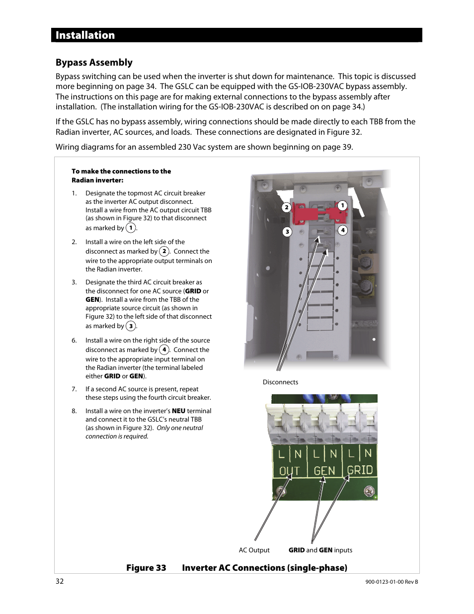 Installation, Bypass assembly | Outback Power Systems GS Load Center Installation Manual User Manual | Page 34 / 48