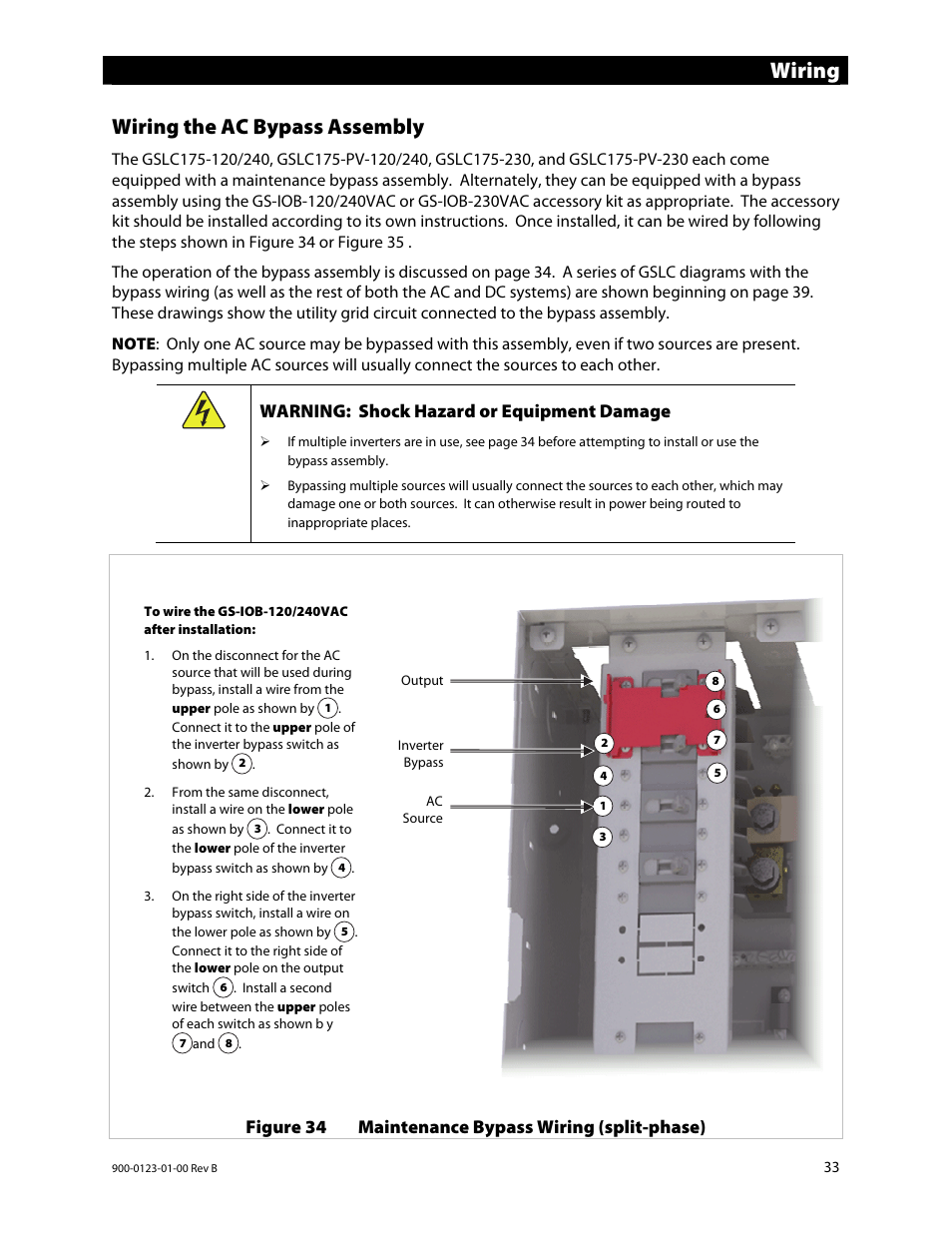 Wiring, Wiring the ac bypass assembly | Outback Power Systems GS Load Center Installation Manual User Manual | Page 35 / 48