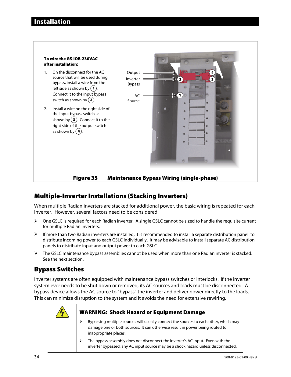 Installation, Bypass switches | Outback Power Systems GS Load Center Installation Manual User Manual | Page 36 / 48