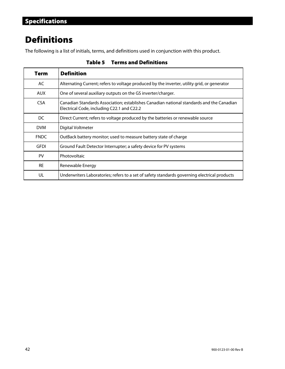 Definitions, Specifications | Outback Power Systems GS Load Center Installation Manual User Manual | Page 44 / 48