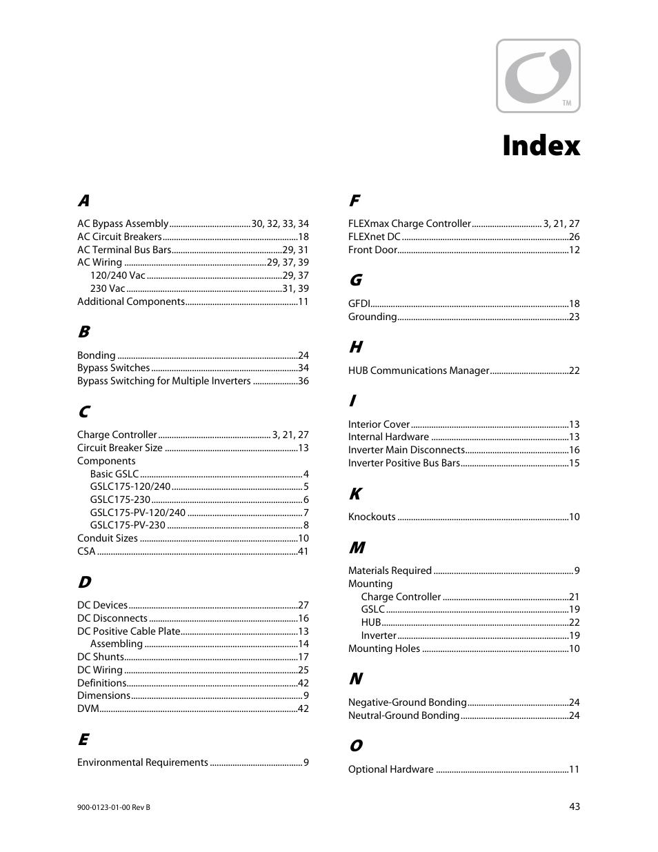 Index | Outback Power Systems GS Load Center Installation Manual User Manual | Page 45 / 48