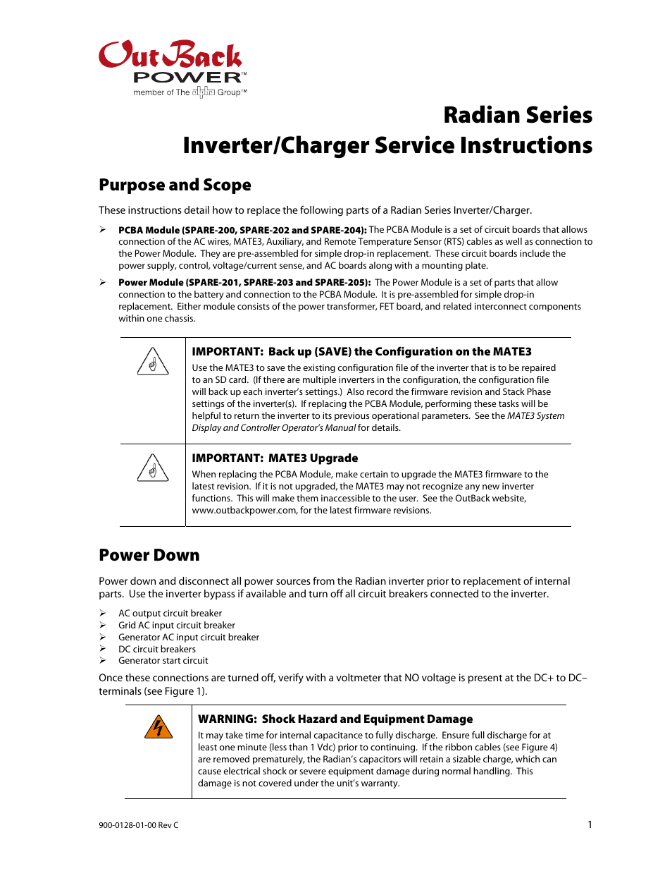Outback Power Systems Radian Series Inverter/Charger Service Instructions User Manual | 8 pages