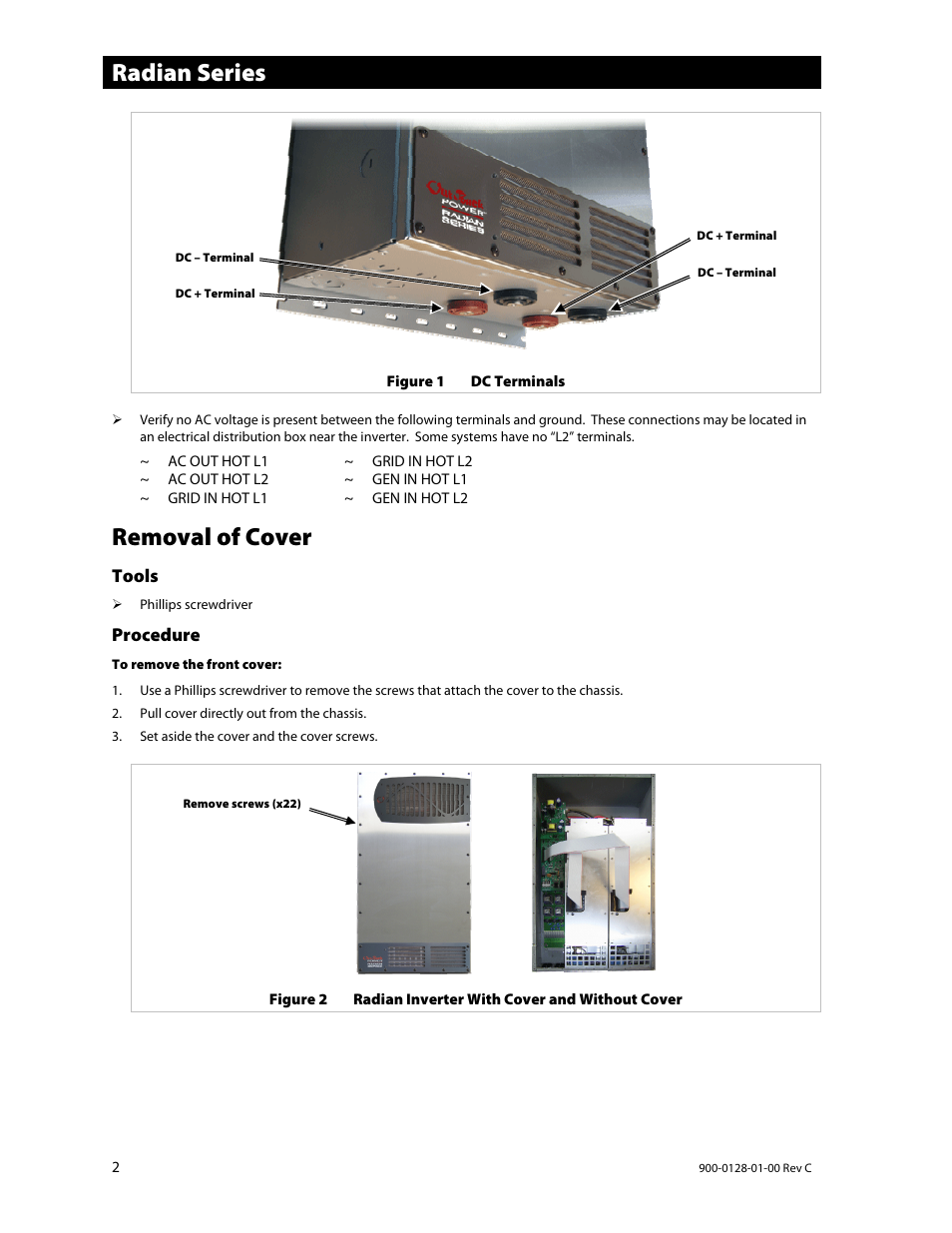 Radian series, Removal of cover | Outback Power Systems Radian Series Inverter/Charger Service Instructions User Manual | Page 2 / 8