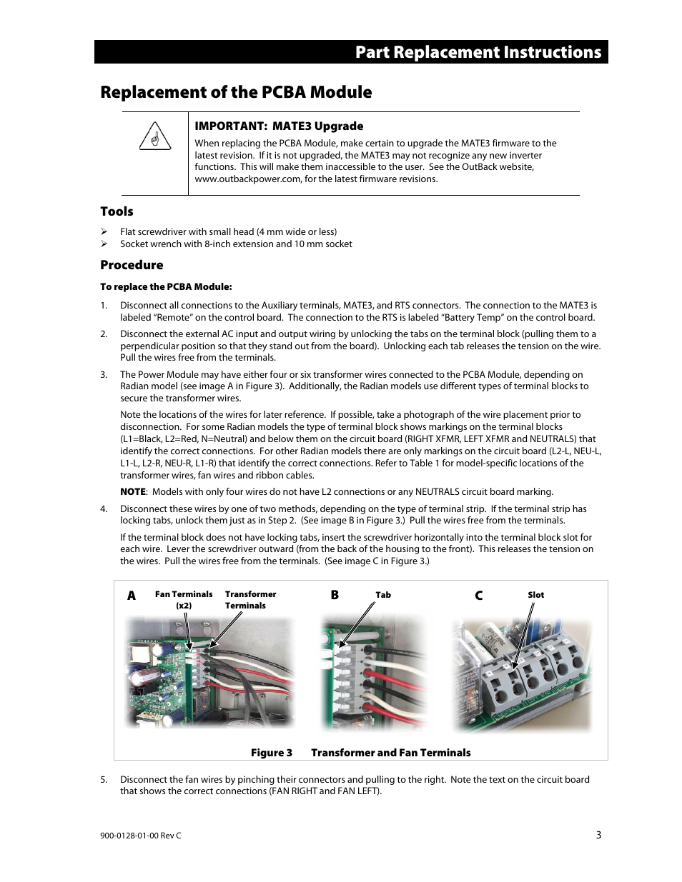 Part replacement instructions, Replacement of the pcba module | Outback Power Systems Radian Series Inverter/Charger Service Instructions User Manual | Page 3 / 8