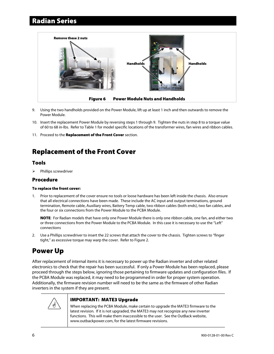 Radian series, Replacement of the front cover, Power up | Outback Power Systems Radian Series Inverter/Charger Service Instructions User Manual | Page 6 / 8