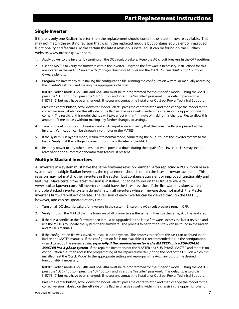 Part replacement instructions, Single inverter, Multiple stacked inverters | Outback Power Systems Radian Series Inverter/Charger Service Instructions User Manual | Page 7 / 8