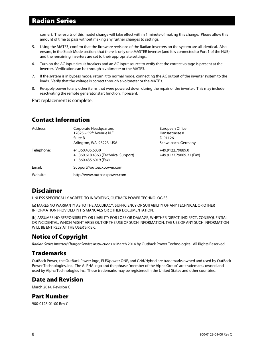 Radian series, Contact information, Disclaimer | Notice of copyright, Trademarks, Date and revision, Part number | Outback Power Systems Radian Series Inverter/Charger Service Instructions User Manual | Page 8 / 8