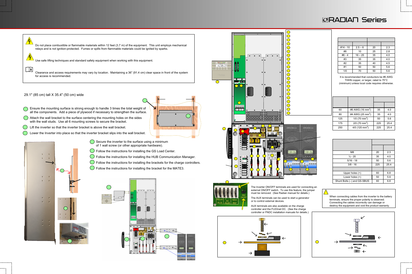Radian series, Wire sizes/torque requirements, Mounting | Warning: personal injury, Warning: fire/explosion hazard, Important, Radian mounting, Ac wire sizes and torque values | Outback Power Systems GS8048 Quick Start Guide User Manual | Page 2 / 4
